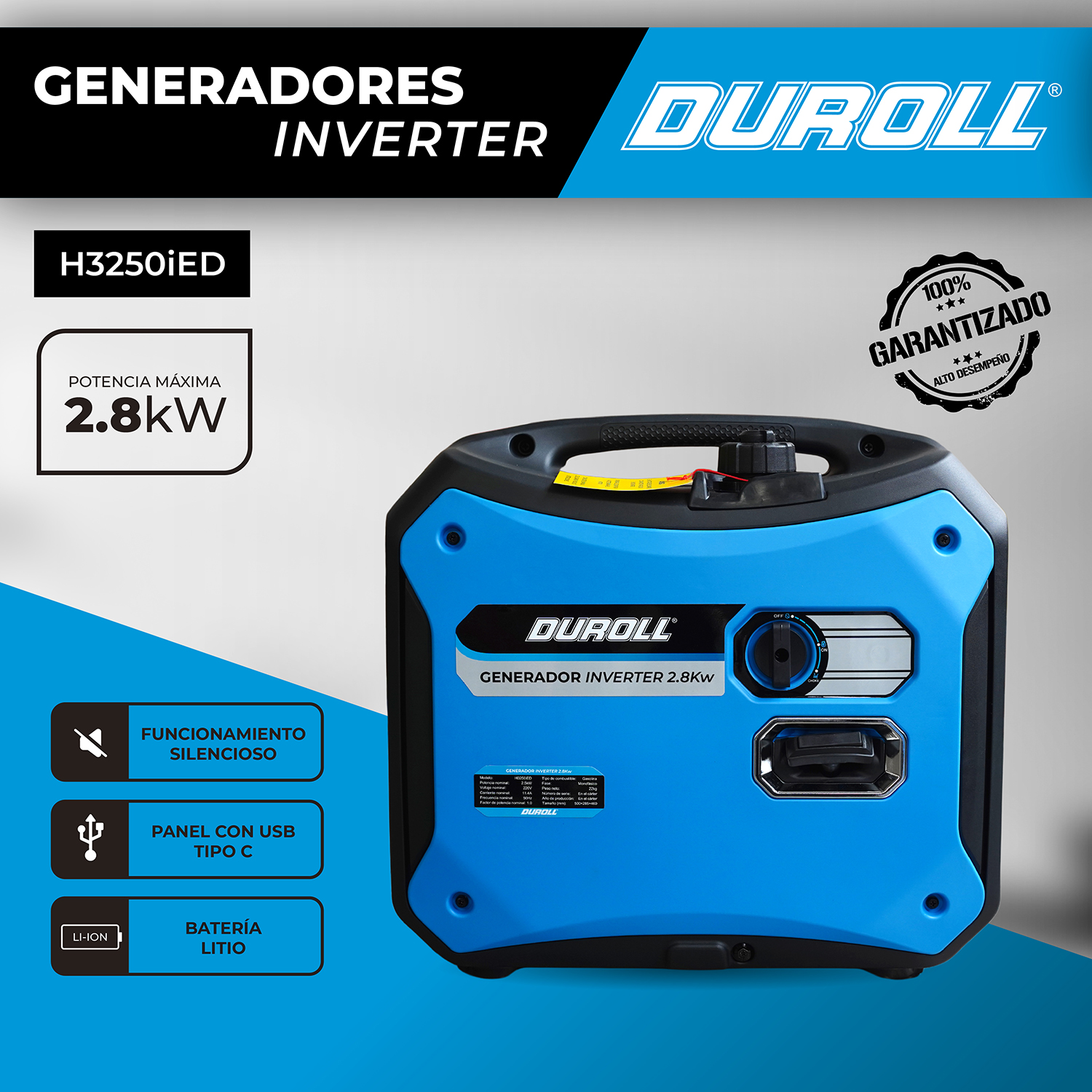 GENERADOR INVERTER INSONORO 2,8KW 120CC ARRANQUE ELÉCTRICO – PANEL USB - Imagen 2