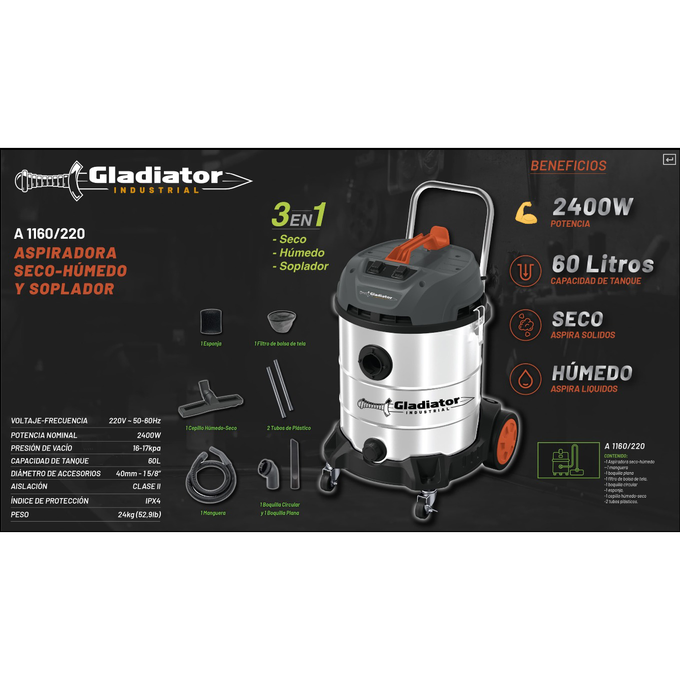 ASPIRADORA SECO - HÚMEDO Y SOPLADOR 60L 2400W - Imagen 2