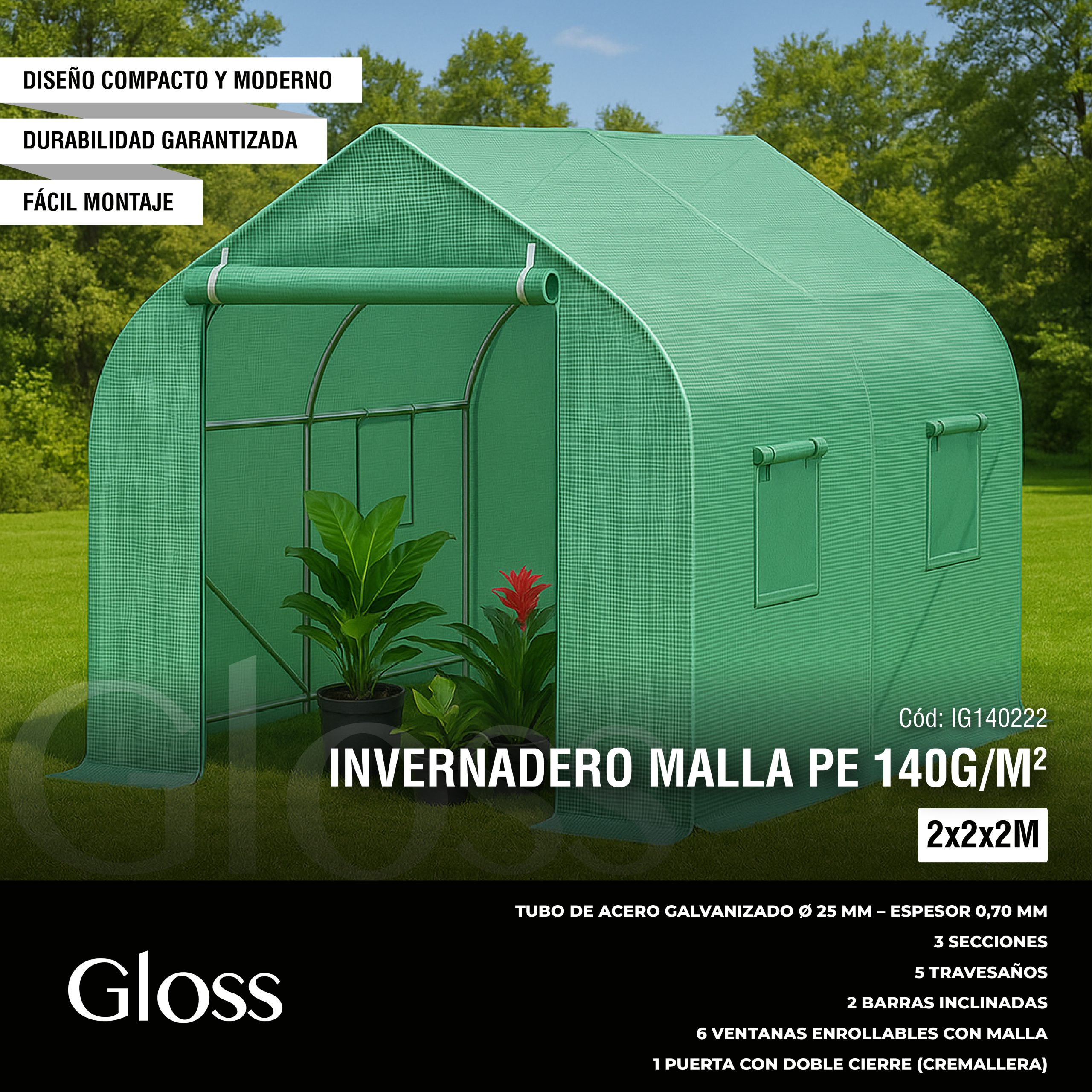 INVERNADERO 2X2X2M MALLA PE 140G/M2 - Imagen 2
