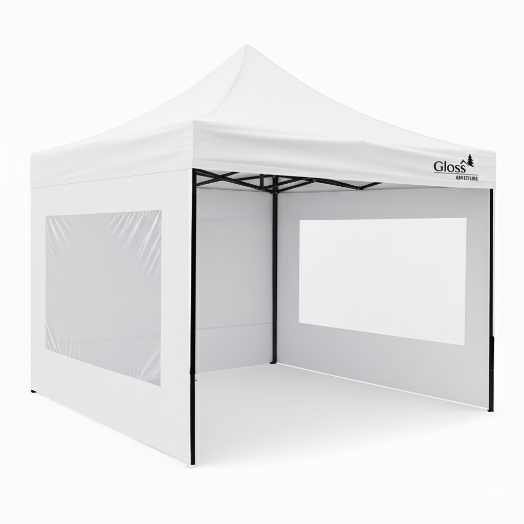 GAZEBO PLEGABLE ALUMINIO BLANCO 3 X 3m CON 2 PAREDES VENTANA + 1 PARED CIEGA GLOSS